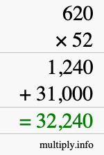 How to calculate 620 times 52 using long multiplication