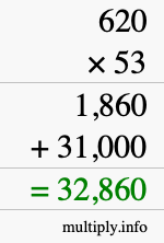 How to calculate 620 times 53 using long multiplication