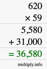 How to calculate 620 times 59 using long multiplication