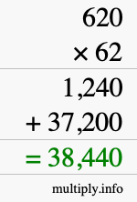 How to calculate 620 times 62 using long multiplication
