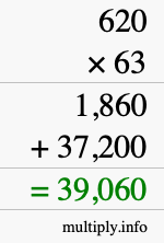 How to calculate 620 times 63 using long multiplication