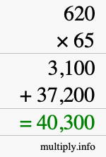 How to calculate 620 times 65 using long multiplication
