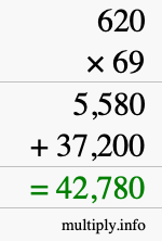 How to calculate 620 times 69 using long multiplication