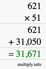 How to calculate 621 times 51 using long multiplication