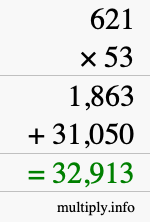 How to calculate 621 times 53 using long multiplication