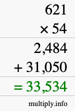 How to calculate 621 times 54 using long multiplication
