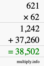 How to calculate 621 times 62 using long multiplication
