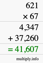 How to calculate 621 times 67 using long multiplication