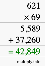 How to calculate 621 times 69 using long multiplication