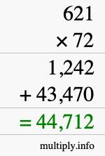 How to calculate 621 times 72 using long multiplication