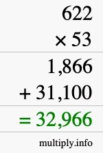 How to calculate 622 times 53 using long multiplication