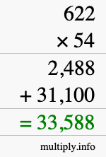 How to calculate 622 times 54 using long multiplication