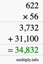 How to calculate 622 times 56 using long multiplication