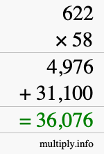 How to calculate 622 times 58 using long multiplication