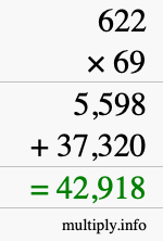 How to calculate 622 times 69 using long multiplication
