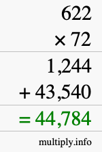 How to calculate 622 times 72 using long multiplication