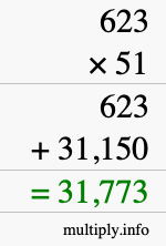 How to calculate 623 times 51 using long multiplication