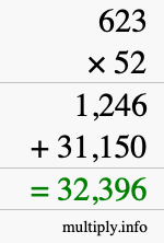 How to calculate 623 times 52 using long multiplication