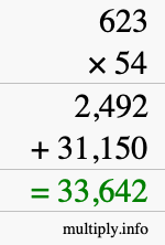 How to calculate 623 times 54 using long multiplication