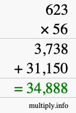 How to calculate 623 times 56 using long multiplication