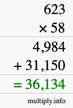 How to calculate 623 times 58 using long multiplication