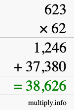 How to calculate 623 times 62 using long multiplication