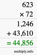 How to calculate 623 times 72 using long multiplication