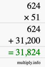 How to calculate 624 times 51 using long multiplication