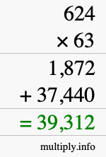 How to calculate 624 times 63 using long multiplication