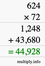 How to calculate 624 times 72 using long multiplication