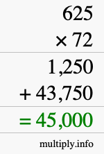 How to calculate 625 times 72 using long multiplication