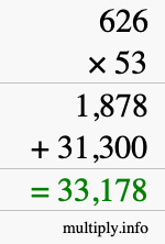 How to calculate 626 times 53 using long multiplication