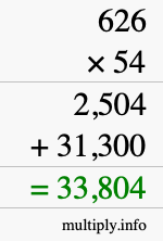 How to calculate 626 times 54 using long multiplication