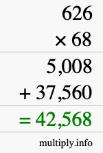 How to calculate 626 times 68 using long multiplication