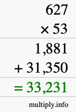 How to calculate 627 times 53 using long multiplication