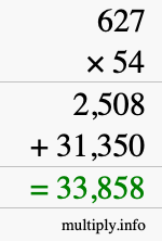 How to calculate 627 times 54 using long multiplication