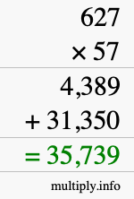 How to calculate 627 times 57 using long multiplication