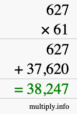 How to calculate 627 times 61 using long multiplication