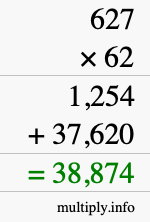 How to calculate 627 times 62 using long multiplication