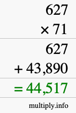 How to calculate 627 times 71 using long multiplication