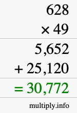 How to calculate 628 times 49 using long multiplication
