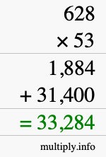 How to calculate 628 times 53 using long multiplication
