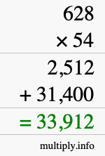 How to calculate 628 times 54 using long multiplication