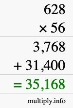 How to calculate 628 times 56 using long multiplication