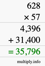 How to calculate 628 times 57 using long multiplication
