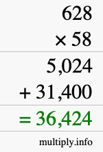 How to calculate 628 times 58 using long multiplication