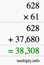 How to calculate 628 times 61 using long multiplication