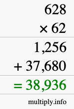 How to calculate 628 times 62 using long multiplication