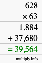 How to calculate 628 times 63 using long multiplication