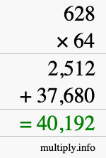 How to calculate 628 times 64 using long multiplication